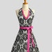 Womens Halter Hostess Apron / Retro Womens Apron in White and Black Damask Trimmed in Hot Pink and White Dots Oooh la la