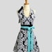 Womens Halter Hostess Apron / Black and White Damask with Tiffany Blue Tie for Accent