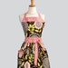 Womens Bib Full Apron - Handmade Amy Butler Lotus Lacework in Olive and Brown with Pink Dots Cute Kitchen Apron