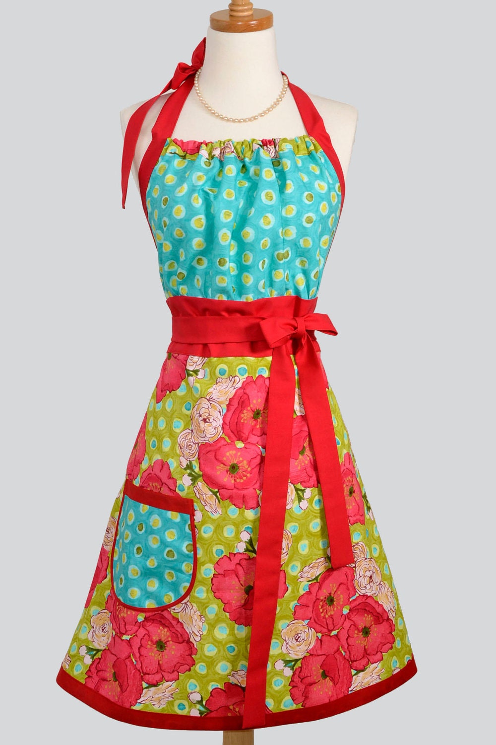 Cute Kitsch Apron / Retro Colors of Red Poppy on Lime Green