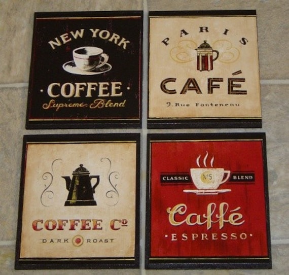 4 COFFEE CAFE WALL PLAQUES Pictures SIGNS. Kitchen or