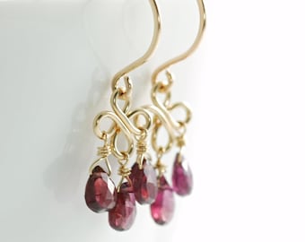 Red Garnet Chandelier Earrings 14k Gold Fill, January Birthstone Jewelry, Gemstone Dangle Earrings, Handmade Winter Fashion