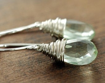 Green Amethyst Earrings Sterling Silver, February Birthstone Earrings, Winter Fashion Gemstone Dangle Earrings, aubepine
