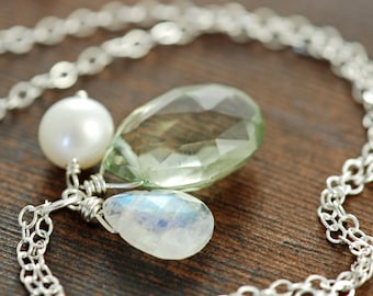 Green Amethyst Moonstone Pearl Necklace, Sterling Silver Pendant Necklace, February Birthstone Jewelry, Handmade Necklace, aubepine