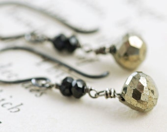 Pyrite Earrings in Sterling Silver, Black and Gold Dangle Earrings, Drop, aubepine