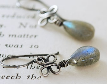 Labradorite Clover Earrings in Oxidized Sterling Silver, Gemstone Dangle Earrings, Handmade, aubepine