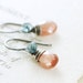 Sunstone London Blue Topaz Earrings Sterling Silver, Teal Blue Peach Gemstone Dangle, aubepine