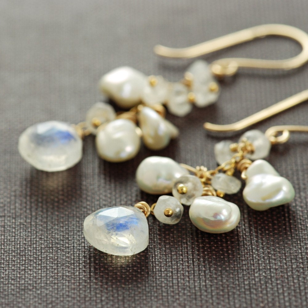 Moonstone Pearl Earrings in 14k Gold Fill Gemstone Dangle