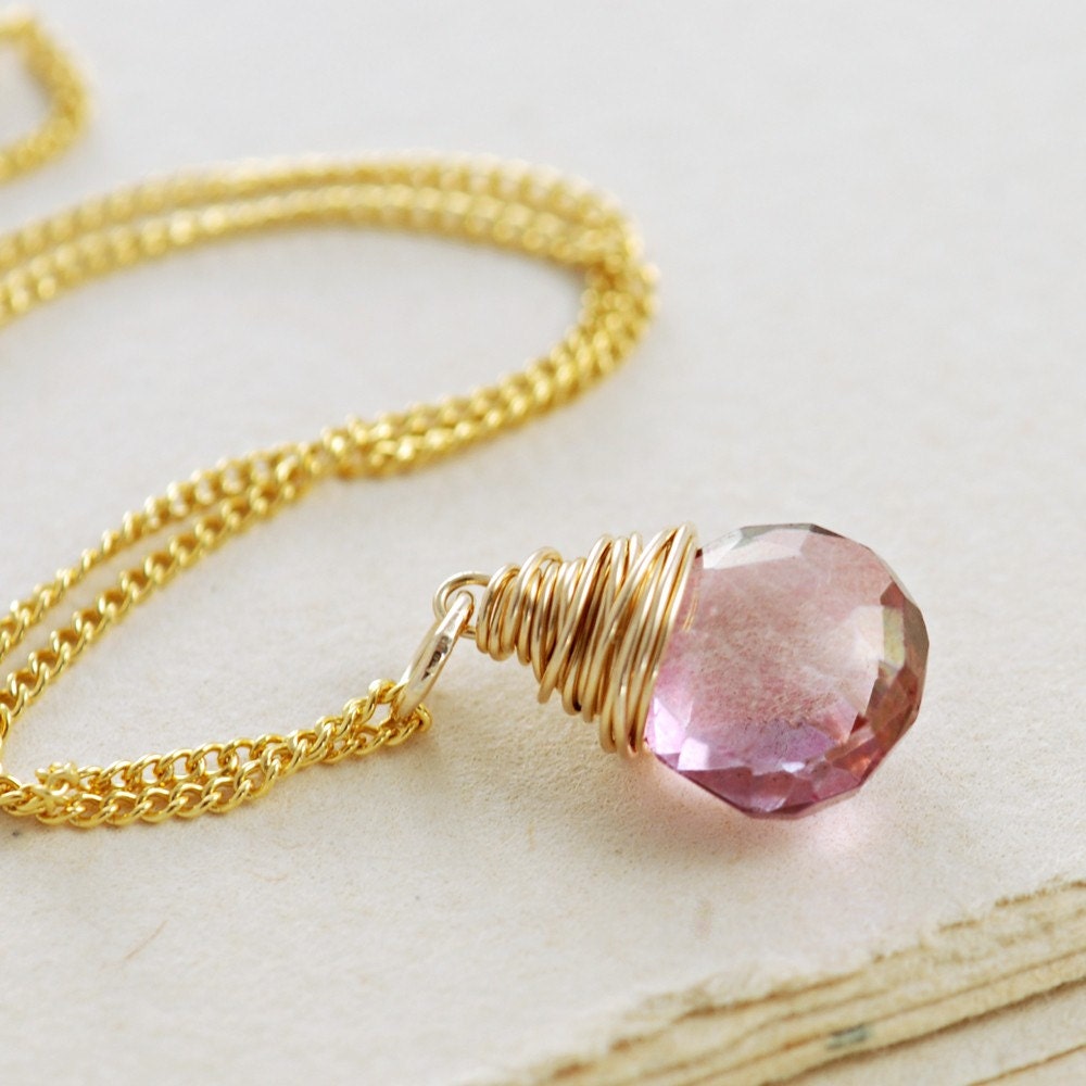 Pink Quartz Necklace Wrapped in 14k Gold Fill Plum Gemstone