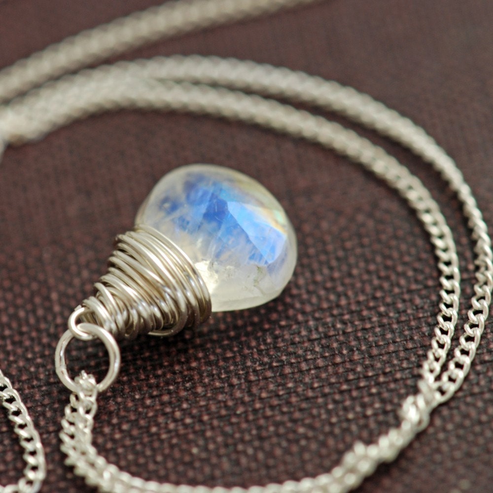 Moonstone Necklace Sterling Silver Wire Wrapped Moonstone