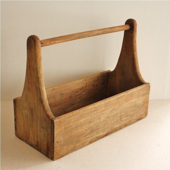 Large vintage wooden tool box carrying basket