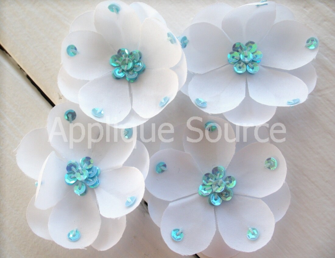 Small Light Aqua Blue Silk Flowers with Sequins x 4 Fabric