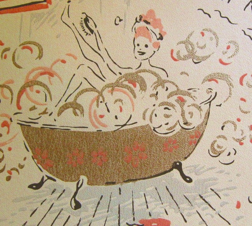 Vintage Wallpaper Lady in Bathtub Pink Gold & Gray Bathroom