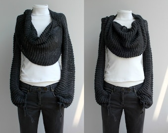 Hand Knitted Long Sleeves Charcoal Wrap Bolero Shrug Over Size With Scarf / Knitted Accessories / for Women for her
