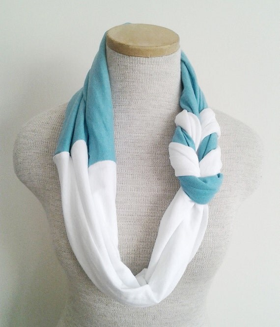 Turquoise and White Half Braided Knot Jersey Tee Scarf by MegansMenagerie on Etsy