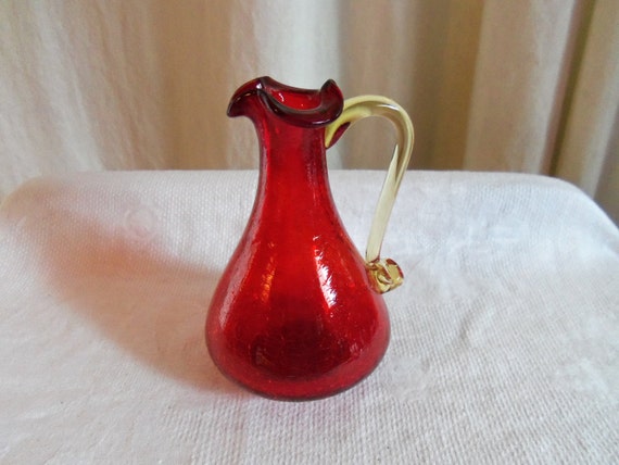 Vintage Blenko Ruby Red Crackle Glass Pitcher Jug 0510