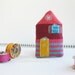 Tiny HOUSE brooch. Plum purple, pink and turquoise with yellow door