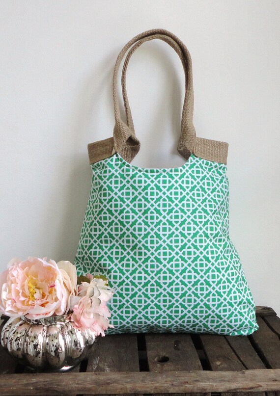 Green geometric & burlap tote bag