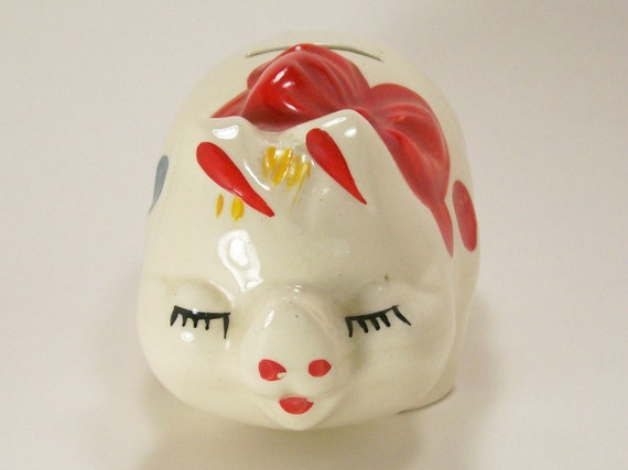 Vintage Piggy Bank  Porcelain Ceramic Colorful Polka Dots Red