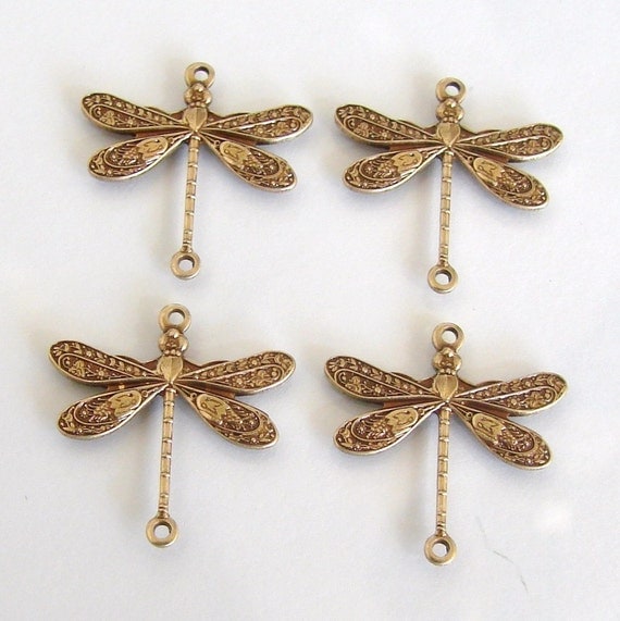 4 Antique Gold Brass Dragonfly Connectors 17x16mm Made in