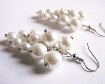 White Pearl Cluster Earrings - FREE SHIPPING WAI - matching necklace and bracelet available - affordable gifts weddings - bridesmaids - sets