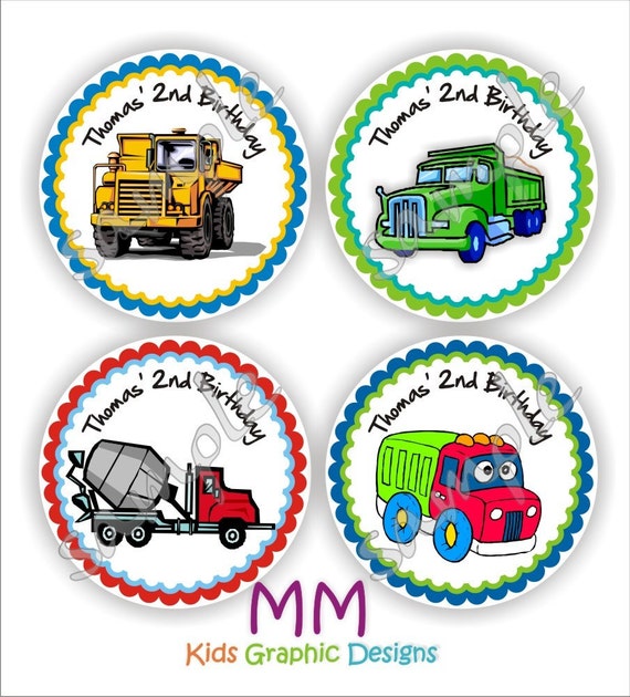 Truck Theme - 40 2inch Circle Stickers - Choose your design - Thank You - Birthday - Baby Shower - Personalized Il_570xn