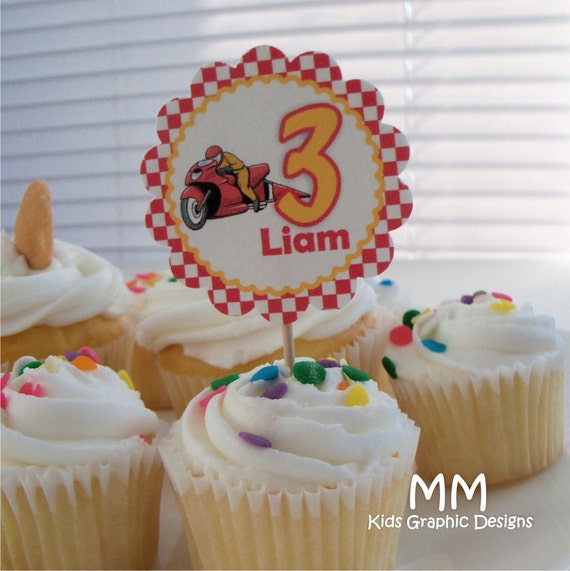 Motorcycle Theme - 20 Cupcake Toppers - Personalized - Birthday - Baby Shower - Choose the design Il_570xn