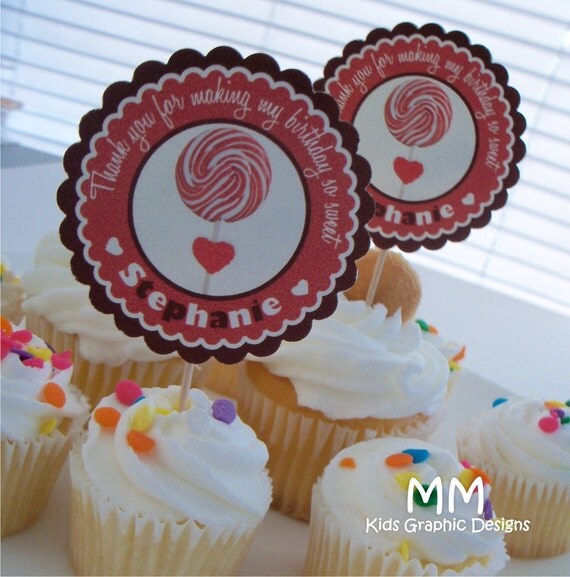 Lollipop Theme - 24 Cupcake Toppers - Personalized - Birthday - Baby Shower - Choose the design Il_570xn