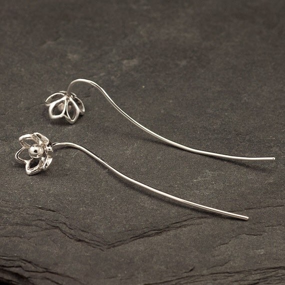Silver Flower Earrings Sterling Silver Dangle Earrings Long