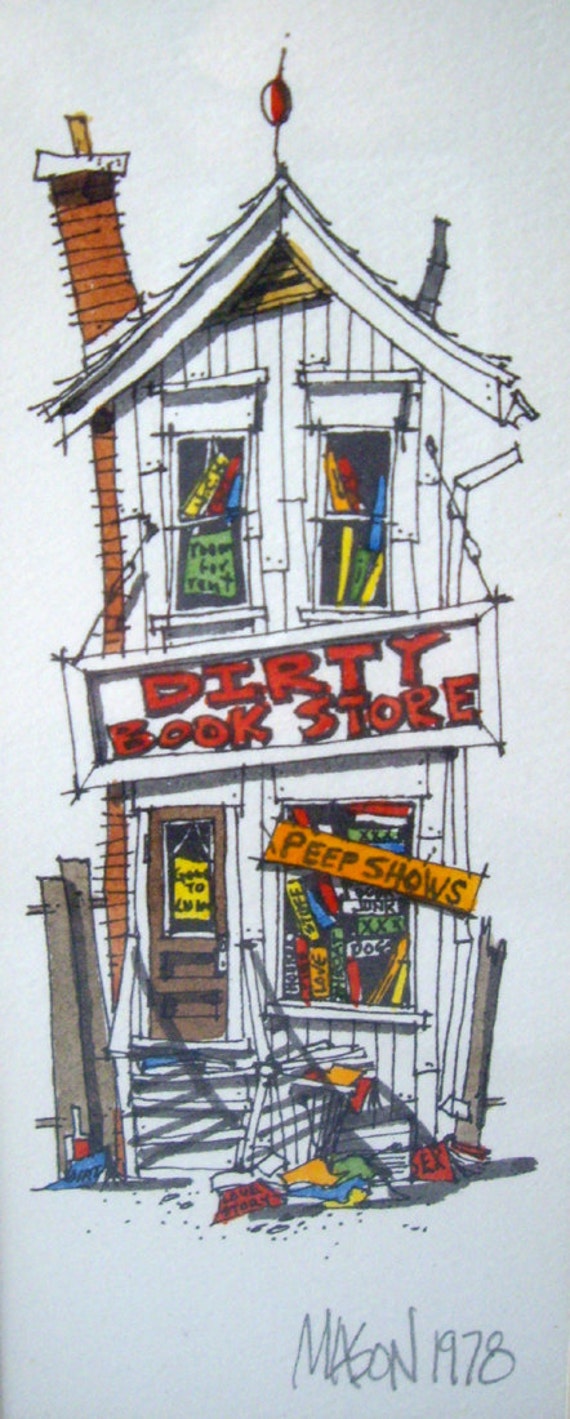 Dirty Book Store by Roger Mason Hand Water Colored Framed Art