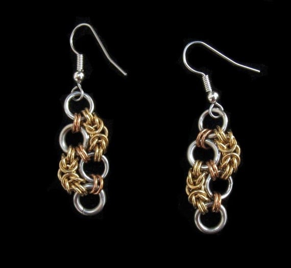 Tri Metal Serrated Byzantine Chainmaille Earrings