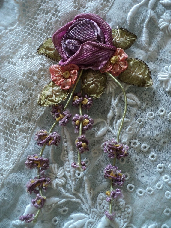 Antique Silk Ribbonwork Applique Art Nouveau, Art Deco, Edwardian, Floral handmade Original Milinery
