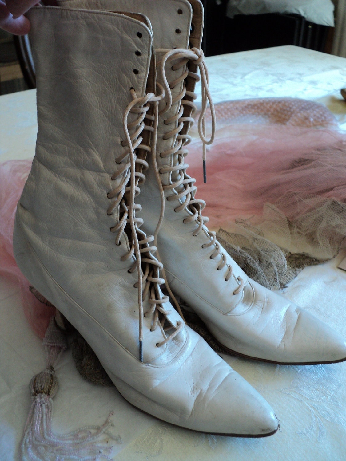 Antique Victorian High boots 1800s White Wedding Lace ups