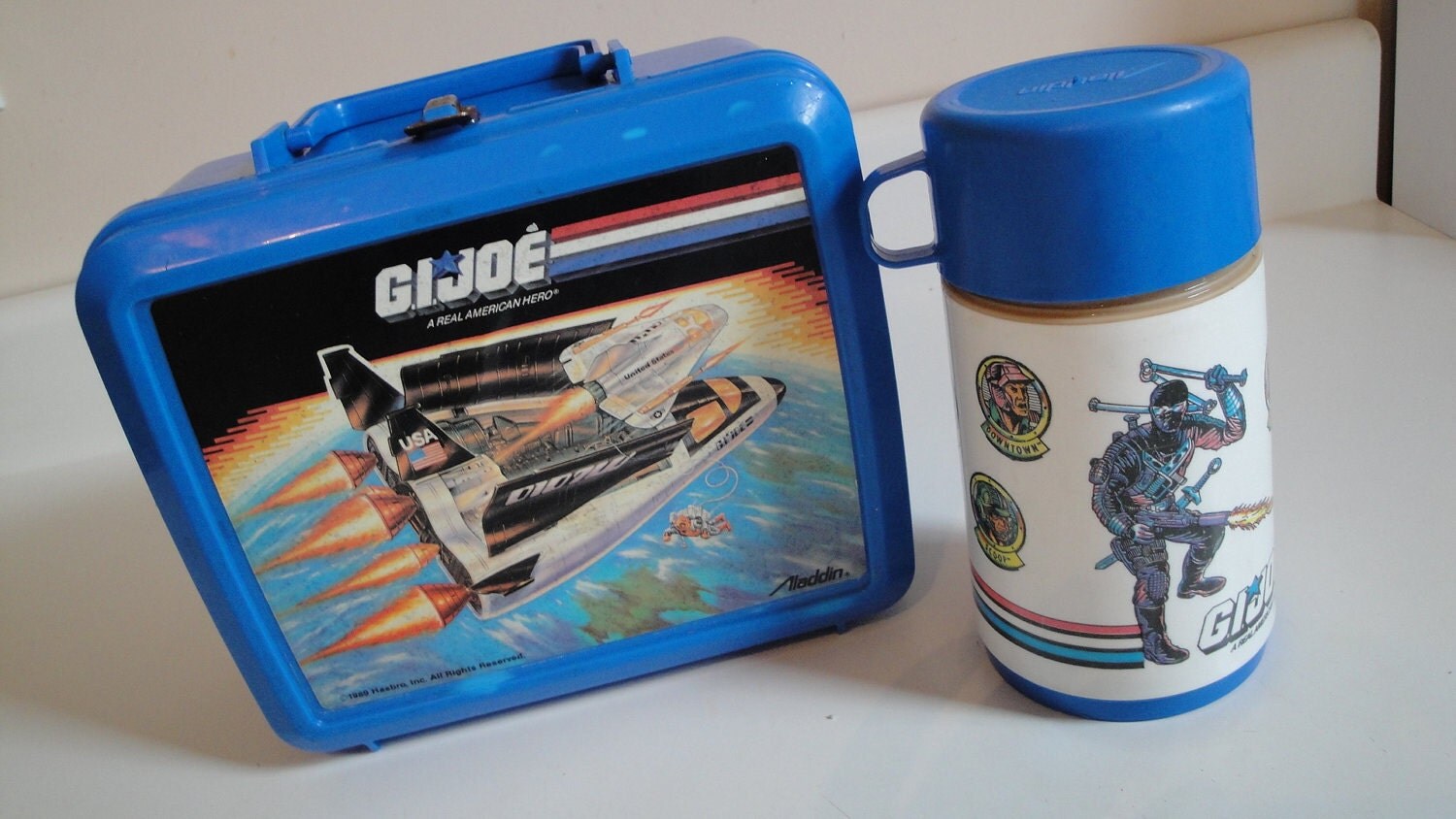 1980s Vintage GI Joe Lunch Box Thermos Aladdin Blue Plastic
