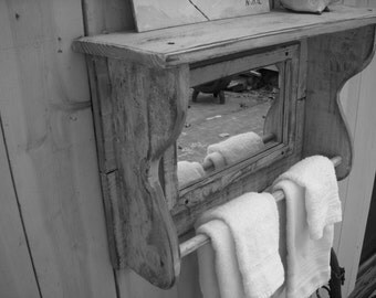 Shelf with Mirror - Reclaimed Wood - Towel Bar for Bath - Cottage Chic - French Country - Farmhouse