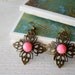 Antique Bronze Flower Dangles with Bright Pink Bead