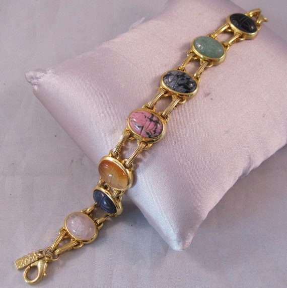 Vintage Scarab Bracelet Genuine Gemstone Designer Signed T.S.