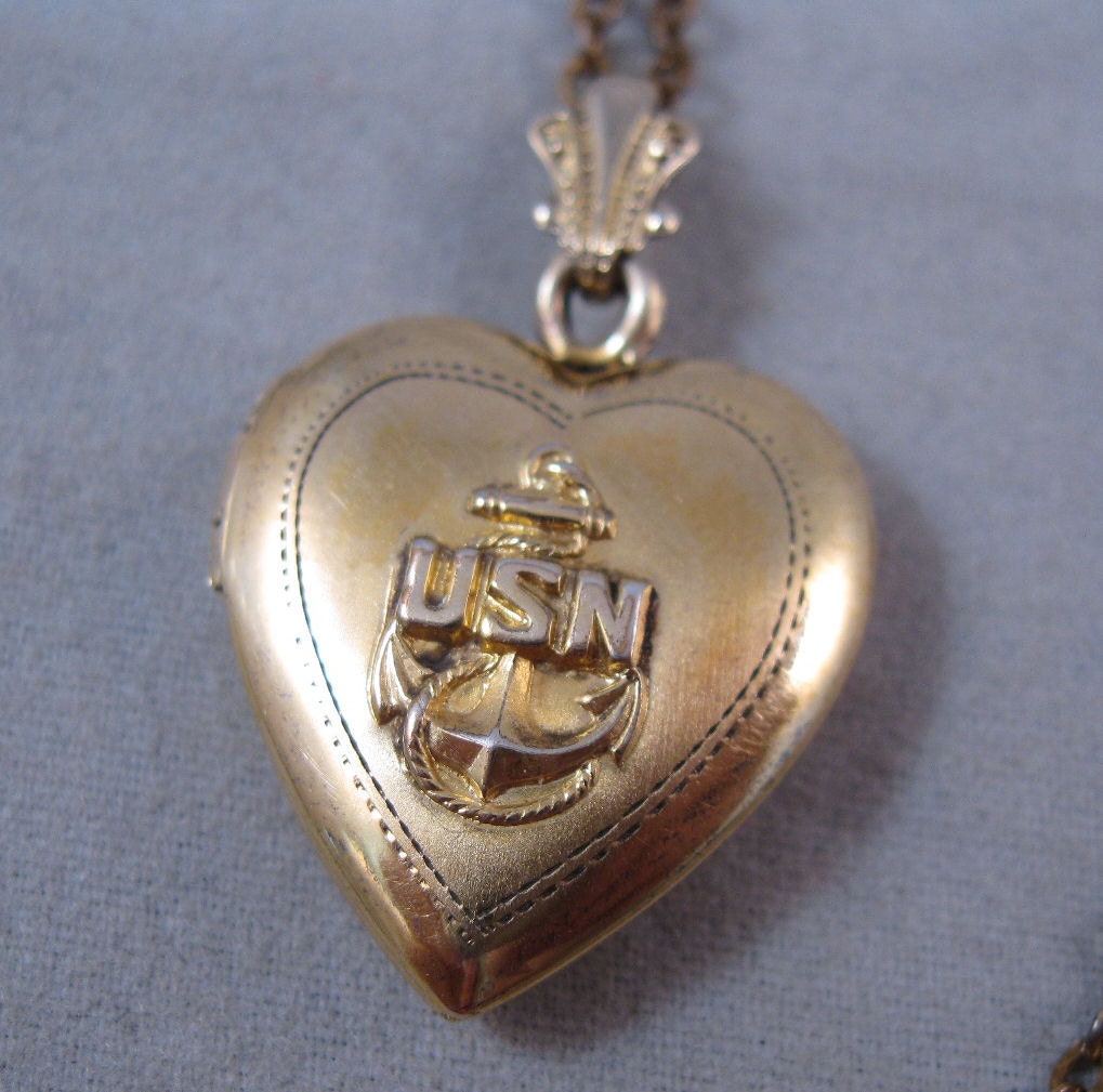 WWII USN Heart Locket Necklace Navy 12K GF 1940s
