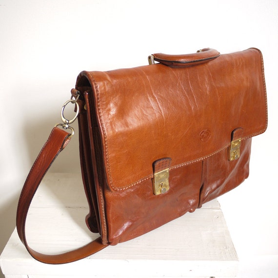 Vintage cognac leather Shoulder bag Briefcase by seesong on Etsy