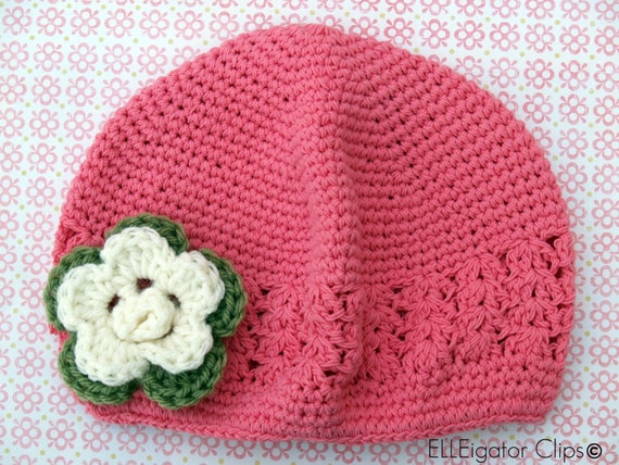 Pink Crochet Hat with Detachable Green and Cream Crochet