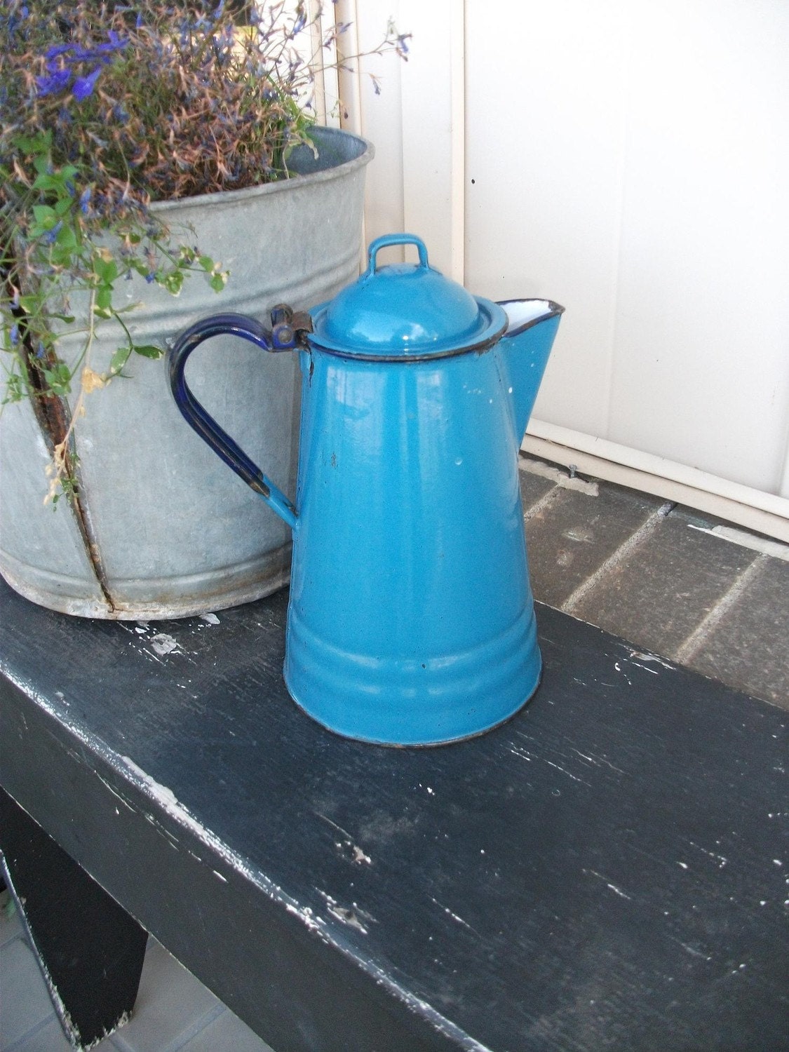 Vintage Blue Enamelware Teapot