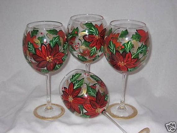 Items Similar To Hand Painted Wine Glasses With Red Poinsettias On Etsy   Il 570xN.94296610 