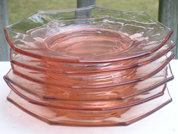 Octagonal Depression Glass Plates Pink 6