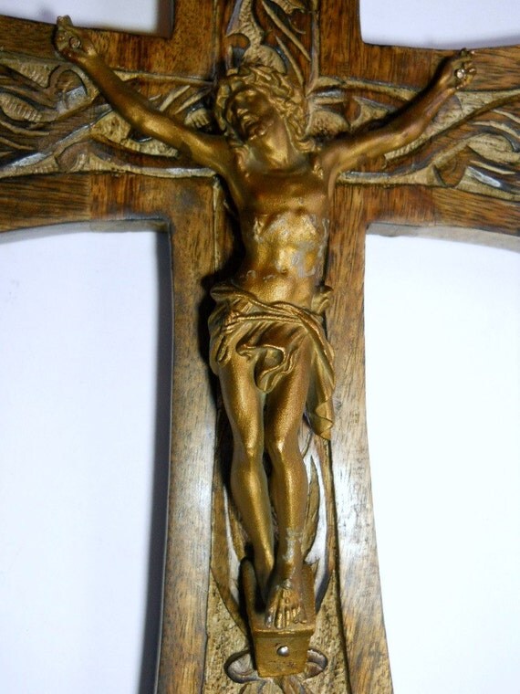 Large Hand Carved Wood Cross with Antique Corpus by GaryFrase