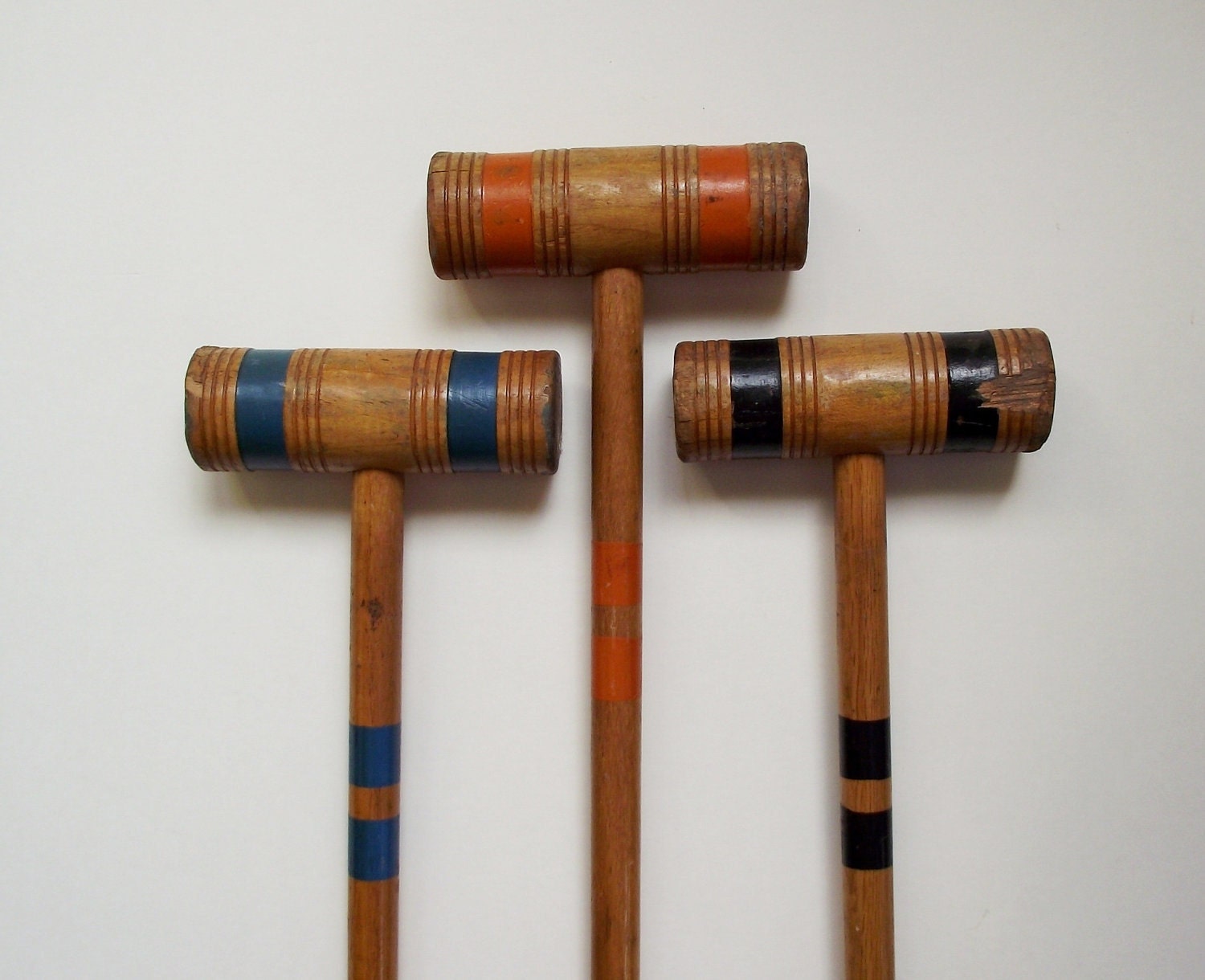 3 Vintage Wooden Croquet Mallets Blue Orange Black