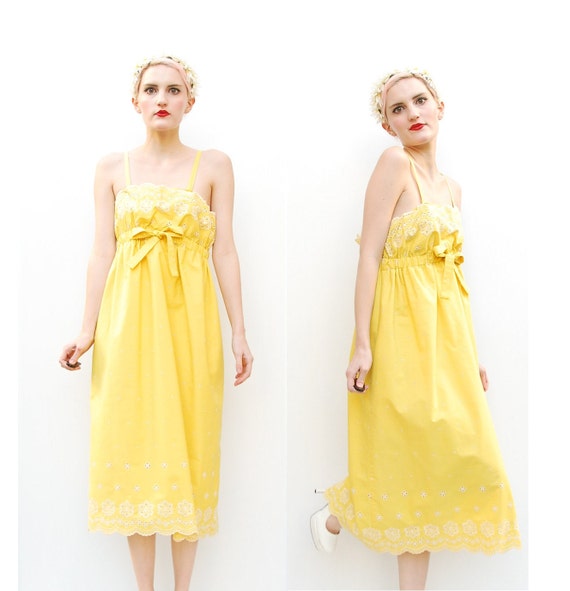 70s Yellow Dress - Babydoll Sundress - Scalloped Eyelet Dress - Midi ...
