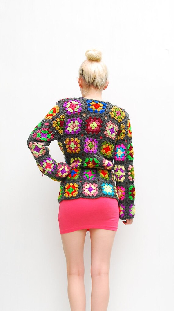 70s Afghan Sweater Cardigan Patchwork Sweater Crochet
