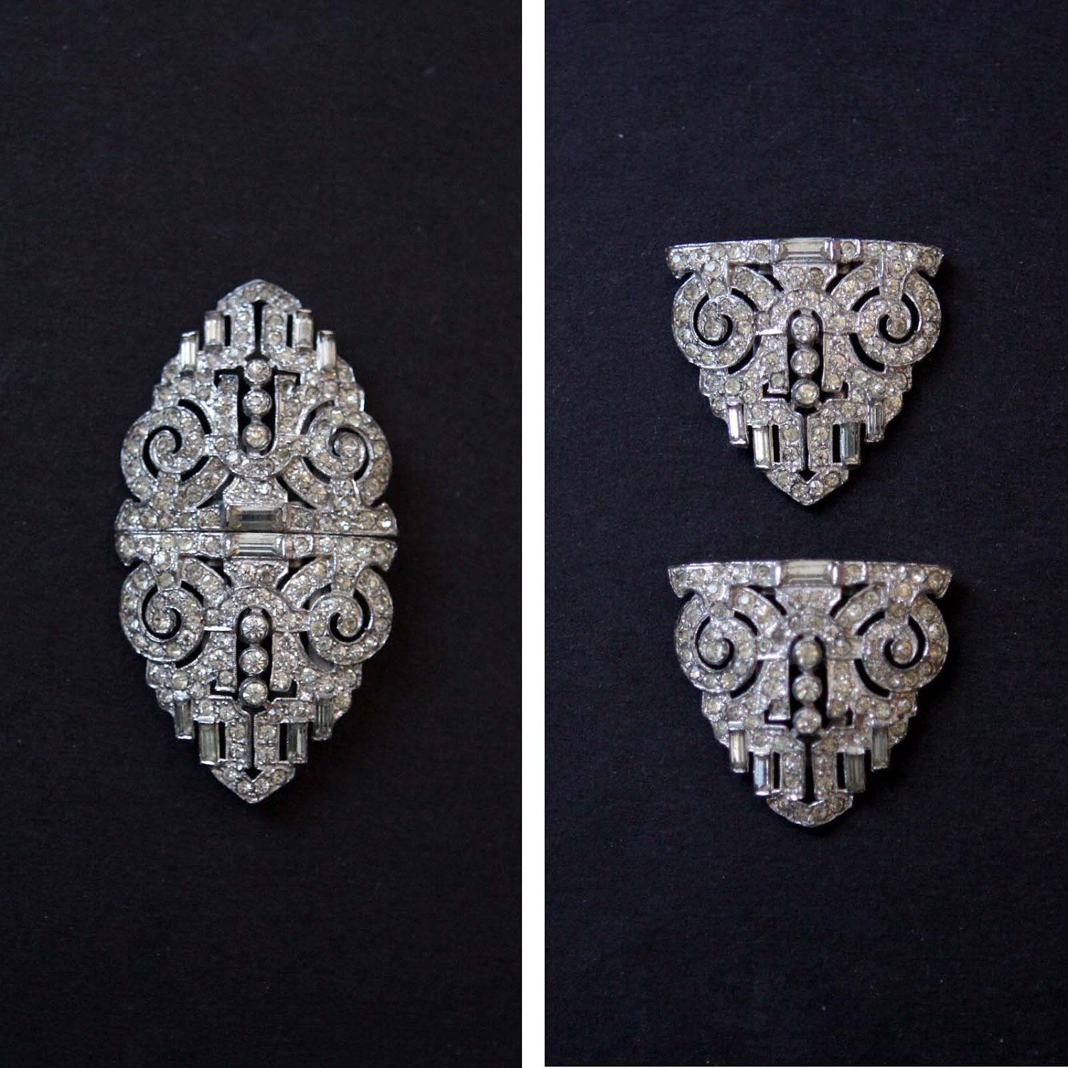 Brooch Dress Clips Duette Double Clip Vintage Pin Rhinestone