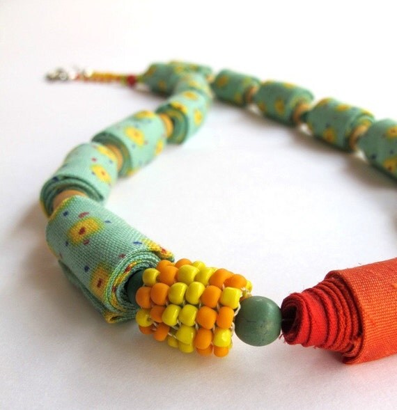 Items similar to Aqua and Orange unique fiber necklace Spring Joy on Etsy