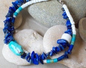 LIFES A BEACH Lapis Lazuli, Turquoise and Puca Shell 2-Strand Bracelet-Jewelry Bracelet  Beadwork Eco Friendly